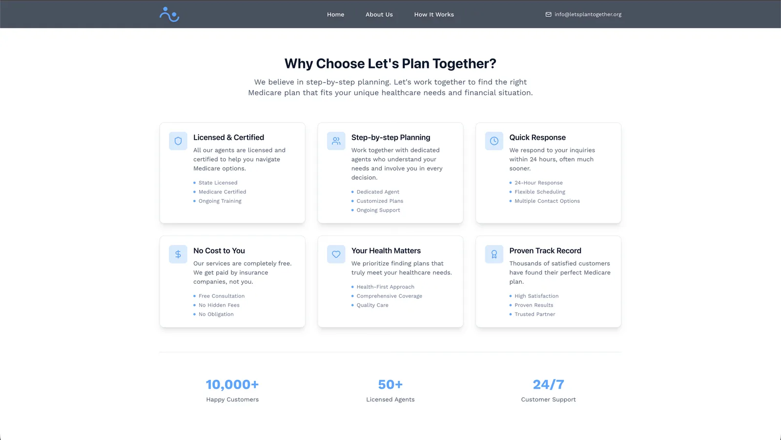 LPT benefits page: licensed agents, step-by-step planning, 24-hour response, and customer stats