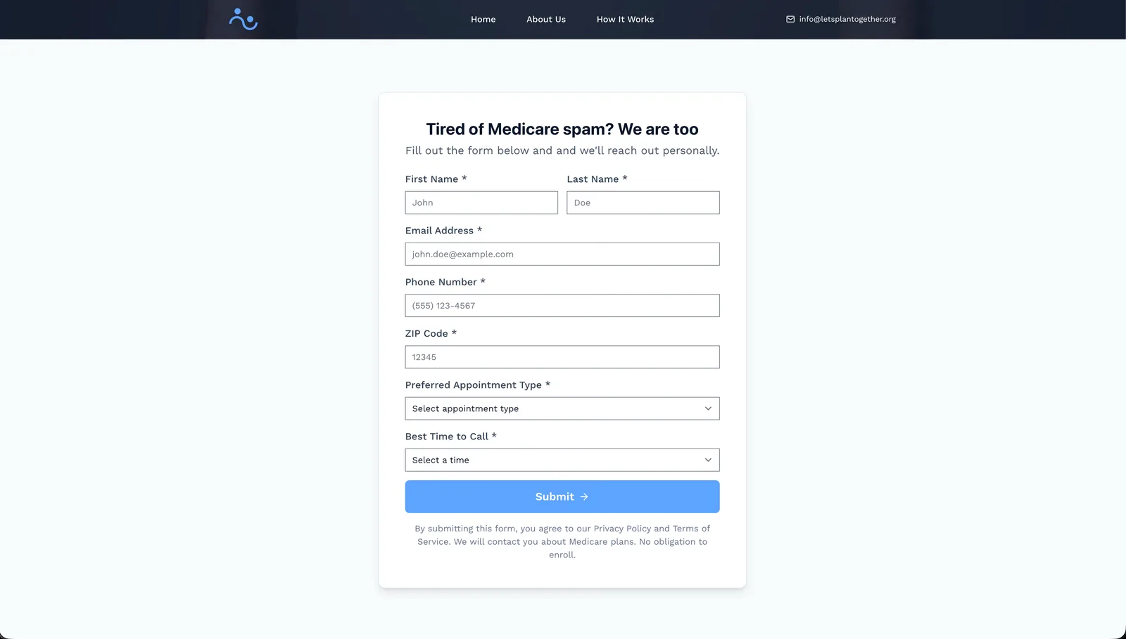 LPT intake form with appointment-type and call-time scheduling: “Tired of Medicare spam? We are too”
