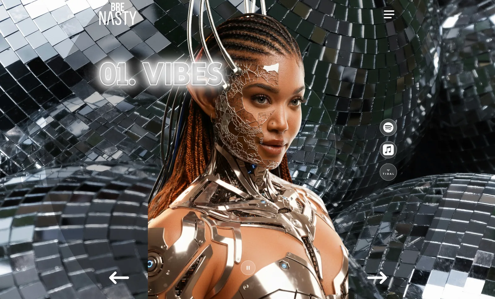 BreNasty full-screen track slide for “01. Vibes”: chrome android portrait over mirror-ball backdrop, with Spotify, Apple Music, and Tidal links
